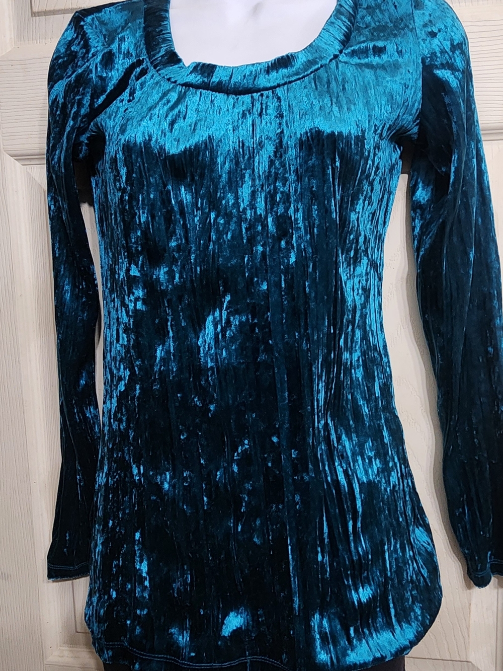 Crushed Velvet Long-Sleeve Scoop Neck Top in Teal
